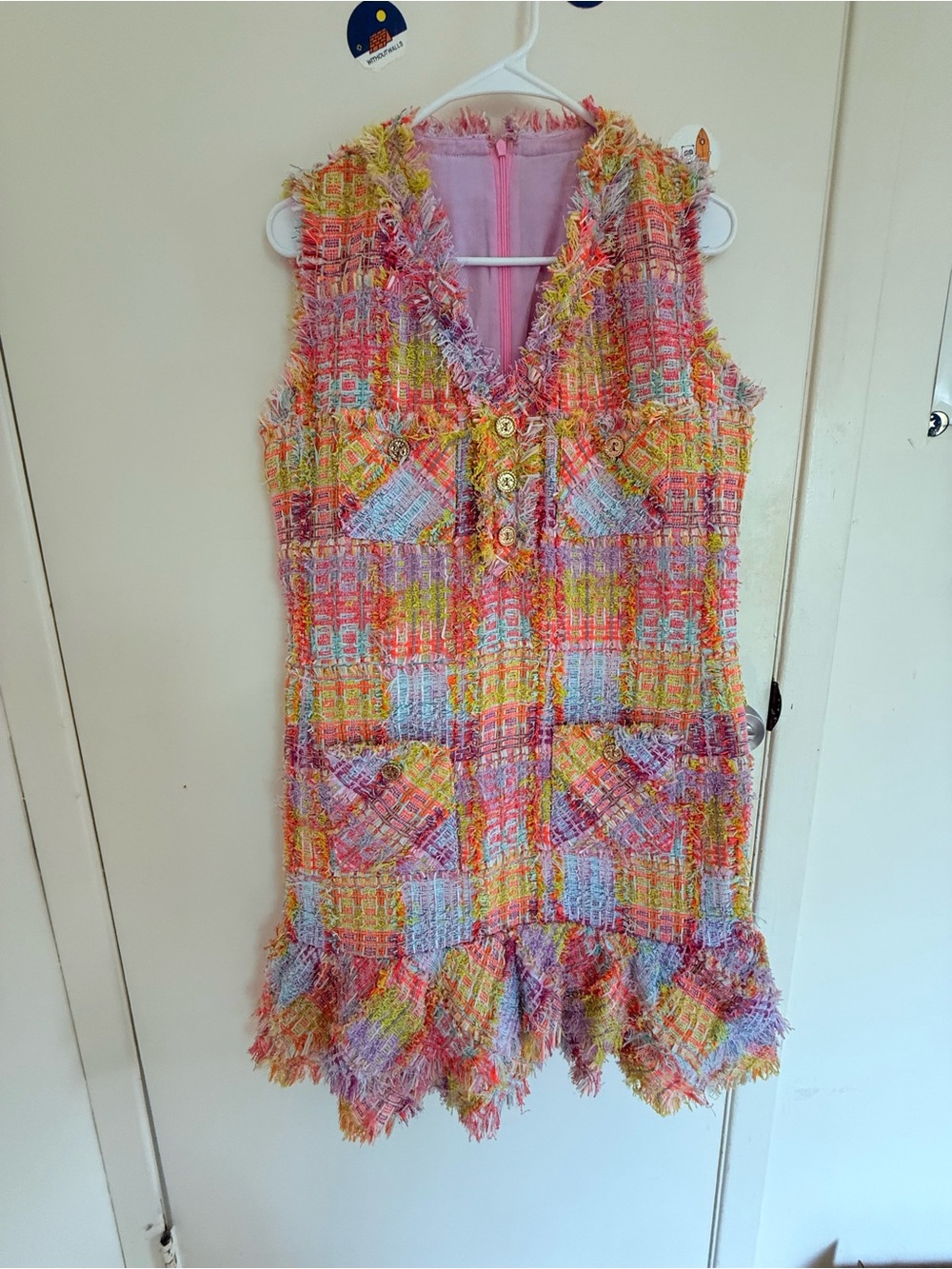 Edward Achour Fringed Multicolor Tweed Sleeveless Dress